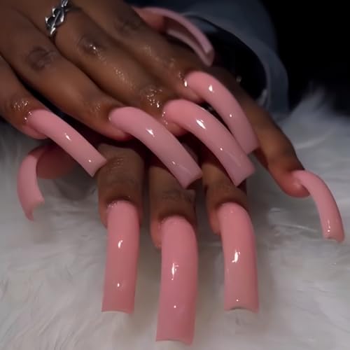 Long Curved Press on Nails Pink Square Glossy Nails French Nail Tips XXL Acrylic Nails Full Cover Stick on Nails For Women DIY Manicuare 20 PCS