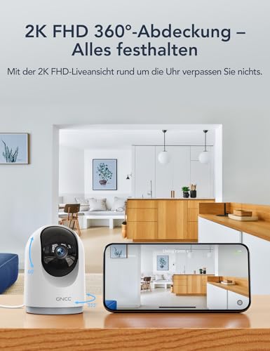GNCC Überwachungskamera Innen - 2K Kamera Überwachung Innen, 360° WLANkamera Indoor Hundekamera mit APP, Babyphone mit Kamera, Zwei-Wege-Audio, Bewegungserkennung, Nachtsicht, kompatibel mit Alexa