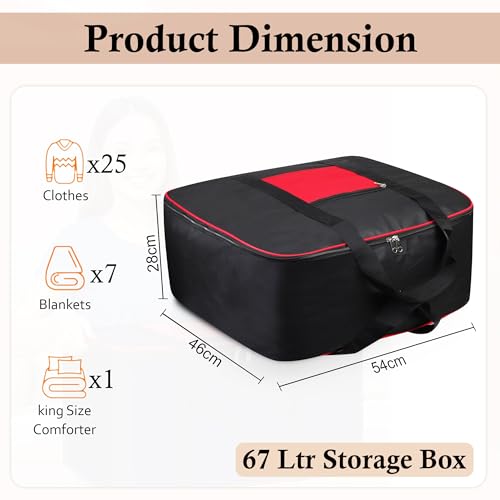 Image of GLUN Multipurpose Underbed Storage Bag, 67L Capacity Pack of 1 with Double-Side Handles, Two-Way Zipper & Front Pocket, Clothing & Blanket Storage Organiser