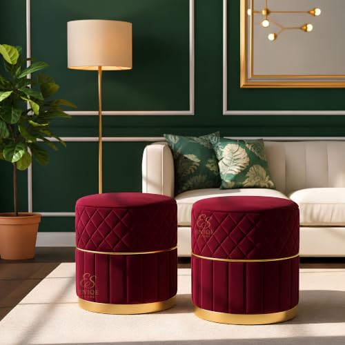 Image of Set of 2 Round Velvet Ottoman Footstool Gold Base - Tufted Upholstered Pouffe Stool for Living Room, Bedroom & Dressing Area (Maroon-2)