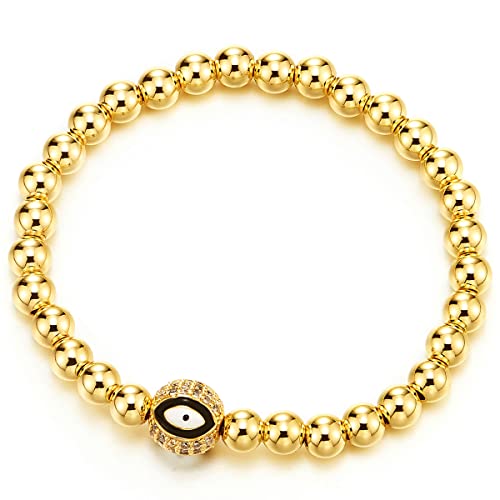Coolsteelandbeyond Women Men Gold Color Beads Chain Bracelet With Cubic Zirconia Charm Of Evil Eye #TOP14