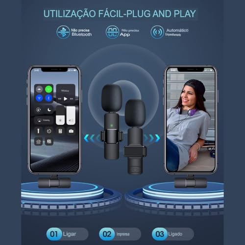 Microfone de Lapela Sem Fio 2 Peças para iPhone e iPad 1 Transmissor Suporta 2 Microfones Redução de
