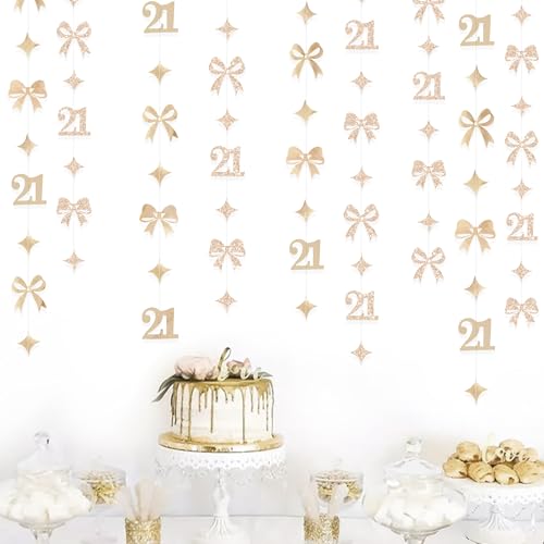 Image of Glitter Champagne 21st Bow Birthday Decorations Champagne Conquette Bow Garland Streamer Banner Backdrop for Girls Happy 21st Birthday Finally Legal Cheers to 21 Years Old Anniversary Party Supplies