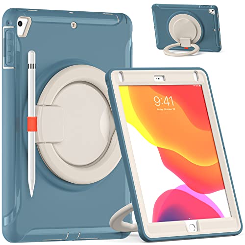 Funda Compatible con iPad 9.7 2018/2017/Pro9.7/Air2/Air, Funda de Silicona a Prueba de Golpes para Tablet con Soporte Giratorio de 360° y Correa de Mano, Color Azul