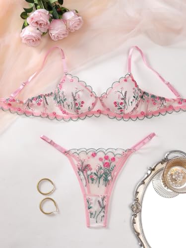 Image of Sexy Floral Embroidered Flower Mesh Underwire Push Up Lingerie Set
