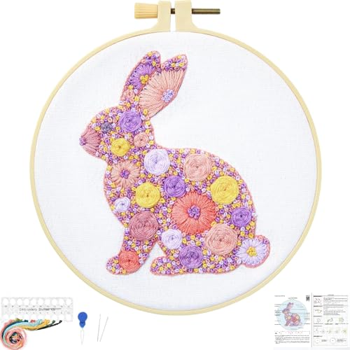 Image of Easter Embroidery Kits for Beginners Adults, Flowers Bunny Embroidery Kits, Hand Stamped Cross Stitch Kits for Beginners Adults & Women Easter Gifts, Entire Set of Embroidery Supplies & Video Tutorial