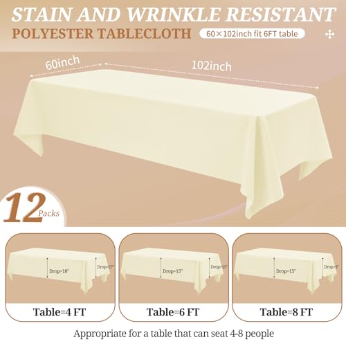REWOMC 12 Pack Polyester Tablecloth -60 x 102 Inch Beige Table Cloth for 6 Feet Rectangle Tables, Stain and Wrinkle Resistant Washable Fabric Table Cover for Wedding Party Banquet Restaurant Kitchen by REWOMC - Image 2
