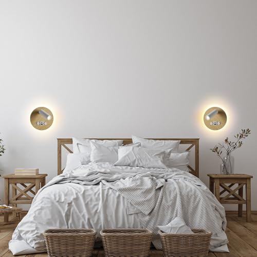Image of Modern Multi-Purpose Wall Sconces,5.9 inch Wood Grain Hardwired Wall Light Fixture with USB /Type-C Charging Port for Bedroom /Stdudy, Rotatable Spotlight Reading Light & Ambient Nightlight 2 in 1 Design
