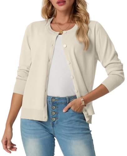 GRECERELLE Suéteres tipo cárdigan suaves para mujer de verano, encantadores, de manga larga, cuello redondo, ligeros, de punto liso, suéteres casuales con botones para mujer, para noches de verano y