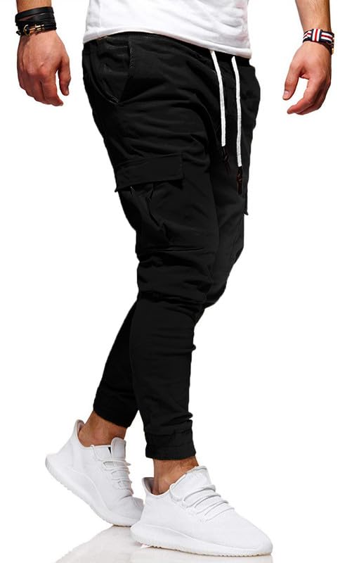 Men's Casual Pants - Cotton Chino Cargo Pants for Hiking and Outdoor Recreation, Drawstring Sweatpants in Twill Track Jogging(Black,36)