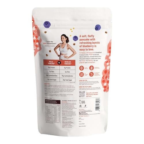 Image of Mille 16g High Plant Protein Blueberry Millet Pancake | NO MAIDA | Eggless | Gluten Free | Low Carbs | Low GI Millet Grain | No Refined Sugar Pancake Mix | High Protein Breakfast | 250 grams