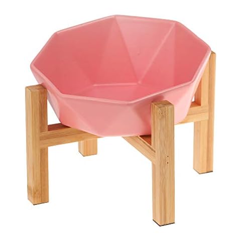 Pink Ceramic Tilted Elevated Pet Bowl with Bamboo Stand Cover
