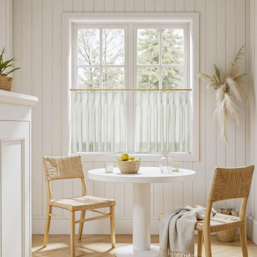 Image of TWOPAGES Pinch Pleat Cafe Curtains 24 Inch Long Ticking Stripe Light Filtering Farmhouse Half Window Curtains for Kitchen (Light Green Pinstripe, 26W x 24L Inches, Set of 2)