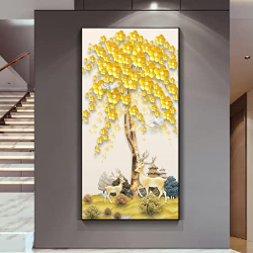 Toile paysage abstrait arbre doré grand format pour salon