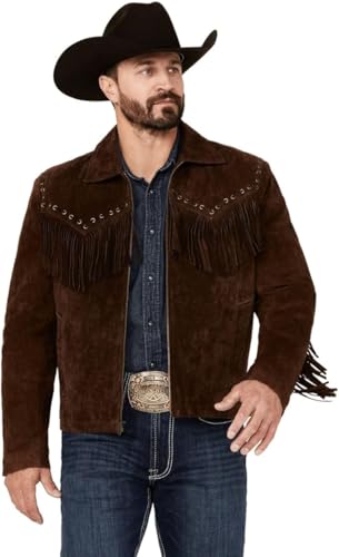 Western Cowboy Suede Jacket Men Traditional Buckskin Native American Beaded Brown Real Leather Fringe Jacket