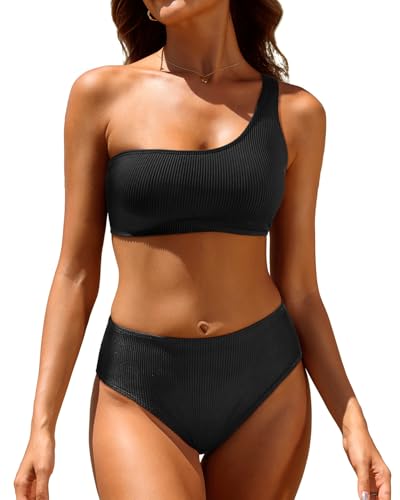 Tempt Me Women Two Piece Swimsuits Ribbed One Shoulder Bikini Sets Mid Waist Bathing Suit