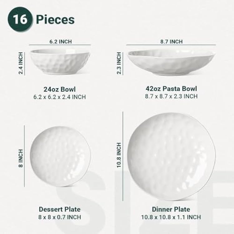 HOMBENE Large Dinnerware Set 16 Piece Service for 4 Bundle with 10.5 Inch Salad Bowls Set of 2