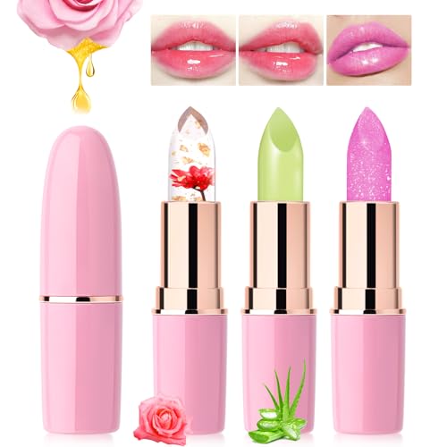 Desing Wish 3 Piezas Pintalabios Magico Aloe Vera Flor Labial Cambia Color PH Pintalabios Labiales Barra Labios Permanente Bálsamo Labial Hidratante Lip Tint Gloss Lapiz Kit Maquillaje Mujeres Regalo