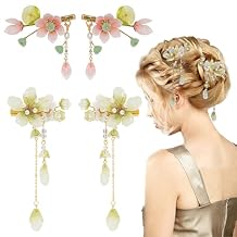2 Pair Flower Hair Clips Lotus Tassel Hairpin Vintage Floral Hair Decoration Fashion Anti-slip Hanfu Hair Clip Cute Chinese Hair Accessories for Women Girls Party Dance Wedding Festival Pink, Green