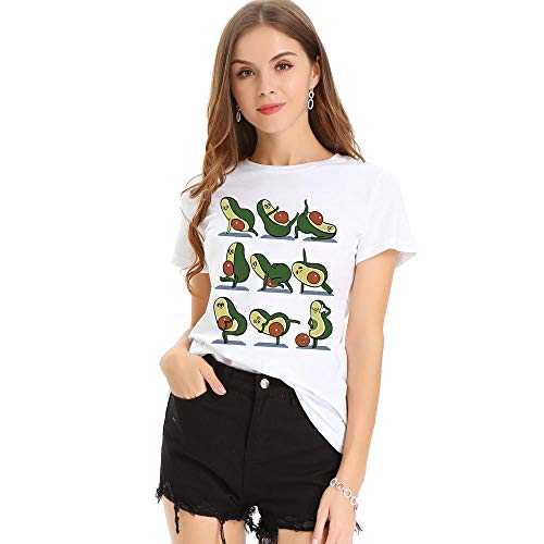 Preisvergleich Produktbild CRAINY Damenhemd, T-Shirt-Schönheit, lockeres Yoga, Avocado-Rundhalsausschnitt, kurzärmliges T-Shirt für Damen-Weiß_L