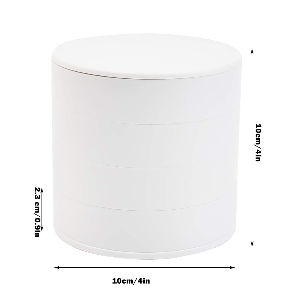 TIMESETL Jewelry Organizer, Small Jewelry Storage Box Earring Holder for Women, 4-Layer Rotating Travel Jewelry Tray Case with Lid for Bracelets Rings Bracelets - White