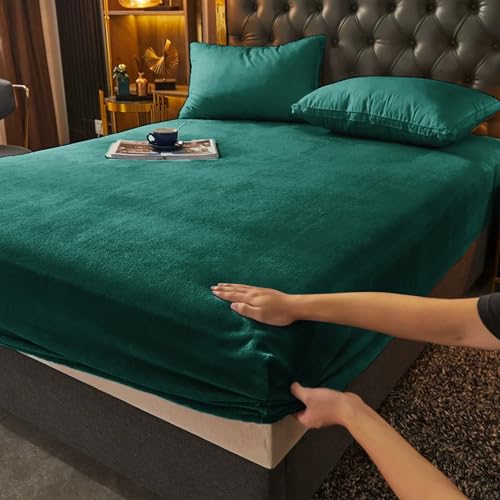Gezu Lenzuolo con angoli, 140 x 200 + 30 cm, verde scuro, lenzuolo in flanella di lana e velluto, corallo, rivestimento termico invernale, ipoallergenico, senza stiratura, orlo elastico solido