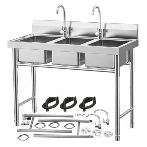 LIAPDG 3-Slot Kitchen Sink, Freestanding 3-Compartment Stainless Steel Sink with 2 Faucets & Pipes - Commercial Grade, Triple Bowl Sink for Garages, Laundry Rooms & Food Trucks 39 x 18 x 35.8 Inch