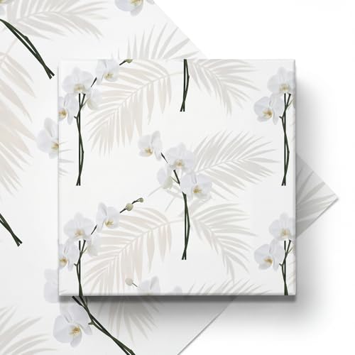 Minimalist White Orchid & Palm Wedding Wrapping Paper, Thick 120GSM Folded Kraft Wrapping Paper Sheets, Tropical Elegant Gift Wrap for Bridal Shower & Engagement, Modern Coastal Romance