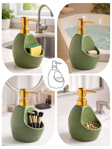 Image of Green Ceramic Soap Dispenser with Sponge Holder - Refillable Kitchen Sink Soap Pump with Sponge Tray - 2-in-1 Sink Organizer for Dish Soap, Farmhouse Countertop Decor