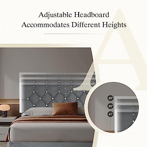 Hombck Full Size Bed Frame, Velvet Upholstered Bed Frame With Modern Adjustable Headboard, Mattress Foundation With Strong Wooden Slats, No Box Spring Needed, Easy Assembly, Grey #TOP3