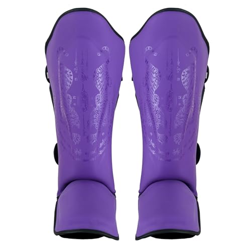 Protège-tibias muay thaï Twin Tiger Sak Yant Playwell violet pour éviter les blessures au tibia