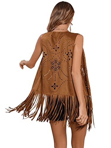 Verdusa Women's Hollow Out Fringe Trim Sleeveless Suede Vest Cardigan Coat Camel S #TOP1