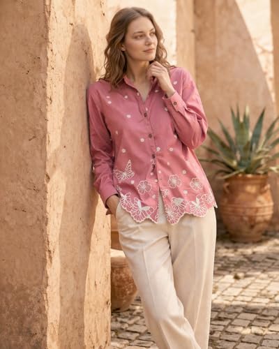 Image of Women's Cotton Embroidered Shirt Pink | Floral Embroidery Casual Shirt for Women | Button Down Full Sleeve Stylish Top