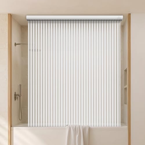 Jakooz Ceiling Mounted Rollup Bathroom Shower Curtain/Liner 56" Base – Up to 95" Long - Use for 9' Ceilings – Waterproof PEVA – Plastic Shower Curtains for Bathroom – No Rod, Hooks or Rings (Stripe) by Jakooz - Used condition - US$101.78