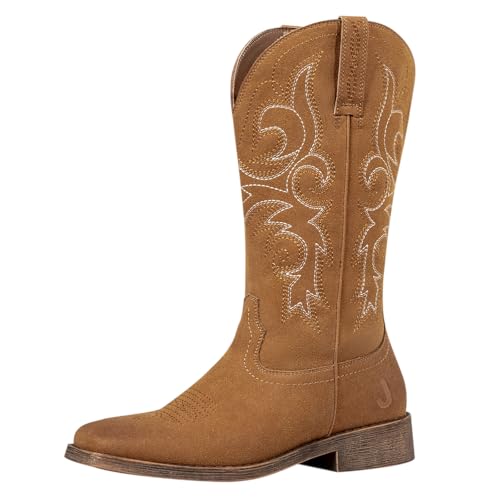 Image of J's.o.l.e Womens Square Toe Cowgirl Cowboy Boots Mid Calf with Chunky Heel Retro Embroidery Western Boots