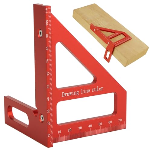 QWORK® Règle de mesure multi-angle 3D, rapporteur carré 45/90 degrés en alliage d'aluminium, outil triangulaire à onglet rouge pour le travail du bois et l'ingénierie