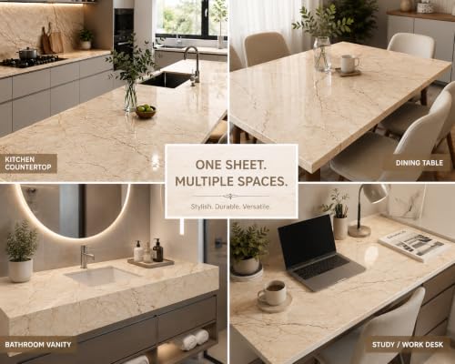 Image of Beige & Cream Marble Wallpaper, Peel and Stick Vinyl Contact Paper, Waterproof Self Adhesive Countertop Wallpaper for Kitchen & Furniture (60 x 200 cm)
