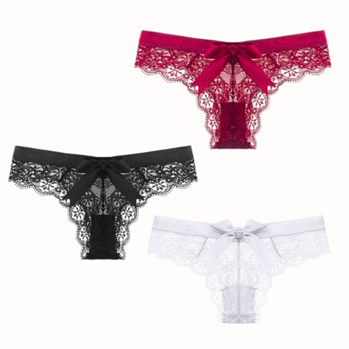 Image of Women’s Sexy Lace Panties Bowknot Thongs Ladies Underwear Cheeky Tanga Low Rise Floral Lace Knicker See Through Hipster Bikini Briefs G-String (UK, Alpha, L, Regular, Regular, Black+White+Burgundy)
