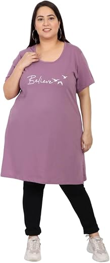 CUPID Women's Cotton Round Neck Half Sleeves Regular Fit Long Tops, Night n Sleep Wear, Daily Use Gym n Lounge Wear T Shir...