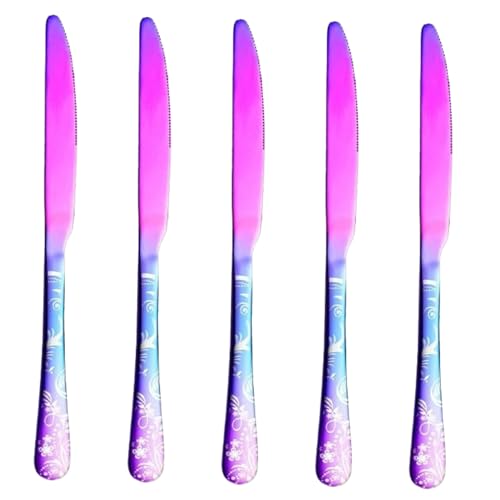 Image of 9.1 inch Rainbow Dinner Knives With Floral Printed Handle | 5-Piece Premium Stainless Steel Flatware Set of Steak Knives | Elegant Dishwasher-Safe Cutlery for Home, Restaurants, and Gifting