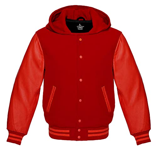 Lishow Fashion Varsity Hoodie Jacket for Baseball Letterman Bomber School of Premium Wool and Genuine Red Leather Sleeves (Red, 5XL)