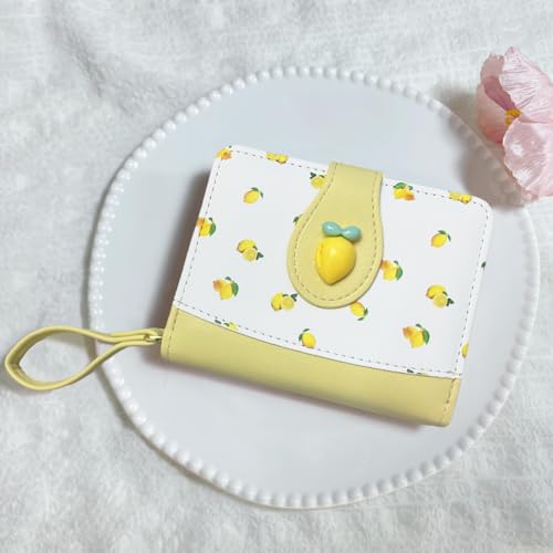 Image of Cute Print Wallet Blueberry Strawberry Cherry Wallet with Credit Card Slot Zipper Coin Pocket for Women Girls (LEMON)