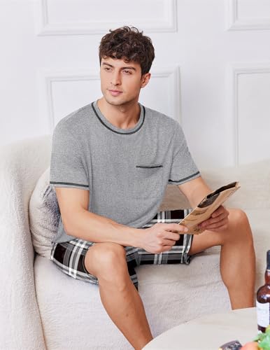 Image of Ekouaer Men's Pajamas Set Casual Short Sleeve Shirts and Shorts Soft 2 Piece Loungewear With Pockets