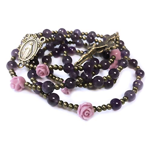 Purple Amethyst Stone and Lavender Rose Rosary Beads with Miraculous Medal Centerpiece - Catholic Gift for Women3