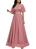 MIUSOL Women's Elegant Flutter Sleeves Lace Sequin Prom Bridesmaids Party Gown Formal Maxi Dress (Medium, Dusty Pink)