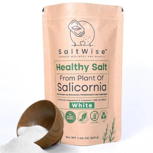 Image of SaltWise Salicornia White Salt, Low Sodium Salt Substitute, Plant-Based Mineral Salt, Natural Ingredient, Non-GMO, Vegan Product, Gluten Free, Plant Based Seasoning, Kosher, 100% Natural, No Additives, 7.05 oz