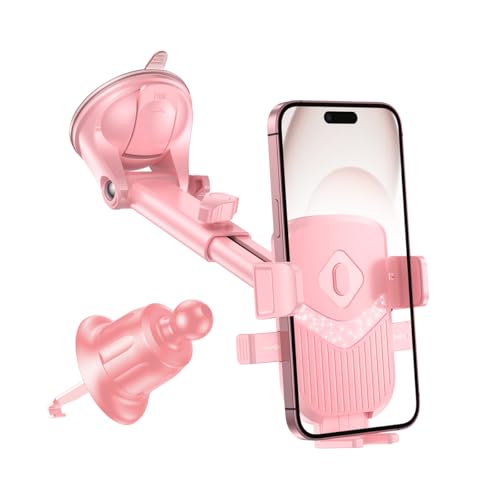 TNAIYH Car Phone Holder 360 Adjustable Strongest Suction Vehicle Dashboard Windshield Cell Phone Stand with Hook Clip Automotive Air Vent Smartphones Mount Universal Fit (Pink)