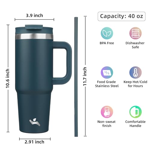 Image of Konokyo 40 oz Insulated Tumbler Water Bottle with Handle, Straw Lid | BPA-free and dishwasher safe; made for gym, travel, coffee and gifting, 2 straws, cup holder friendly,Navy blue