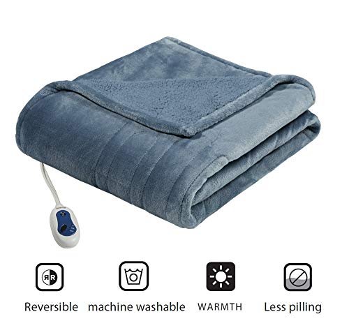 Beautyrest Reversible Microlight To Sherpa Electric Blanket, Auto Shut Off, Virtually Zero Emf, Multi Heat Setting, Ul Certified, Machine Washable, Blue Oversized Throw (60 Inx70 In) #TOP2
