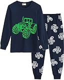 MOLYHUA Schlafanzug Jungen Glow in The Dark Kinder Dinosaurier Schlafanzüge für Mädchen Bagger Traktor Rakete Baumwolle Langarm Pyjama 92 98 104 110 116 122,05 Traktor (Dunkelblau),104